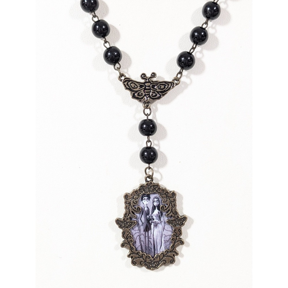 Tim Burton's Corpse Bride Y-Drop‎ Necklace Black Beaded Bronze Tone Goth 25 in